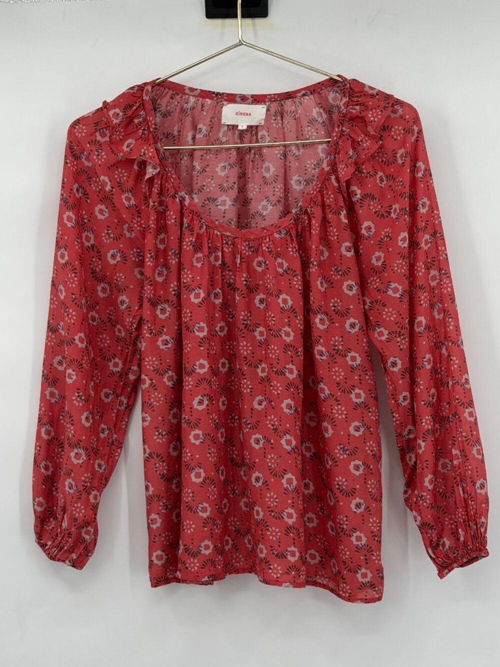 Xirena Silk Cotton Floral Blouse Cottage Boho Small Red Women's